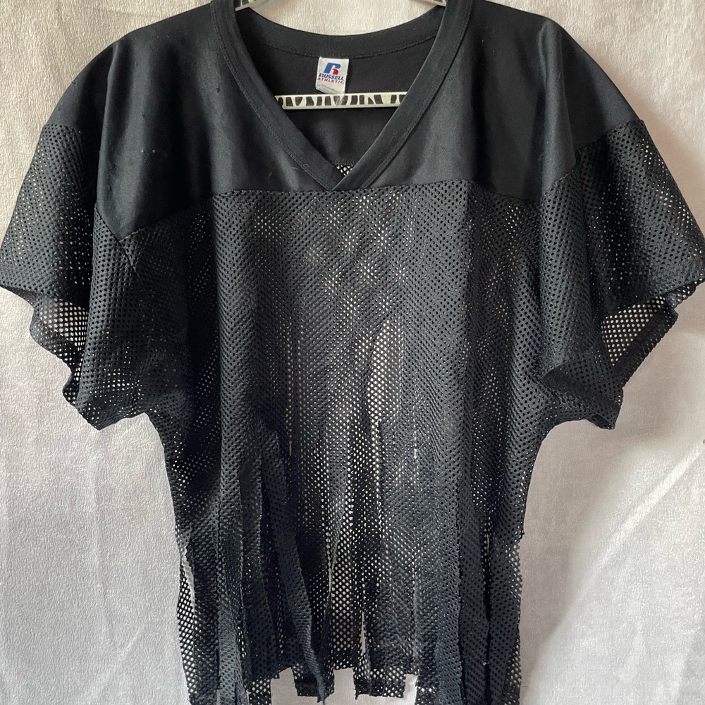 Black fringe Mesh V-Neck Top